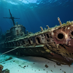 **An eerie yet beautiful image of the USS Aaron Ward wreck in the Solomon Islands. Focus on the decaying warship now home to marine life. Capture cannons and other original parts of the wreck, with careful attention to the dark, deep-sea environment and the historical significance of the site.**