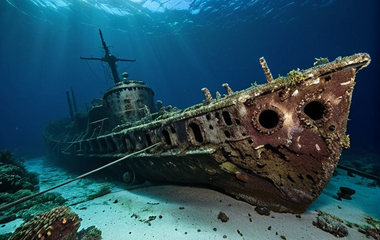 **An eerie yet beautiful image of the USS Aaron Ward wreck in the Solomon Islands. Focus on the decaying warship now home to marine life. Capture cannons and other original parts of the wreck, with careful attention to the dark, deep-sea environment and the historical significance of the site.**