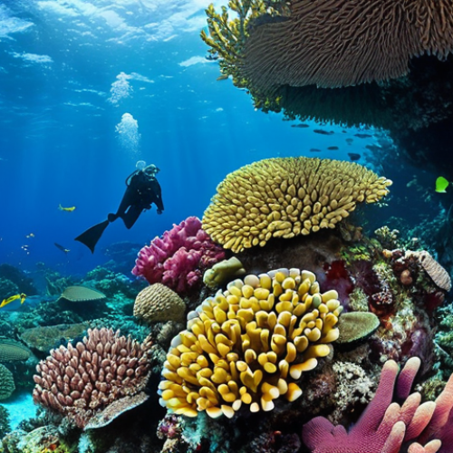 **Vibrant coral reef teeming with colorful fish in the crystal-clear waters of the Solomon Islands. Include a diver exploring the reef with excellent visibility.**