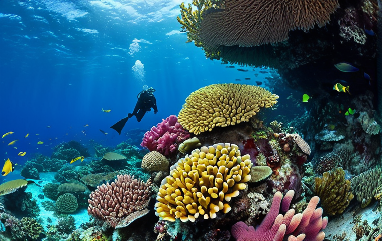 **Vibrant coral reef teeming with colorful fish in the crystal-clear waters of the Solomon Islands. Include a diver exploring the reef with excellent visibility.**